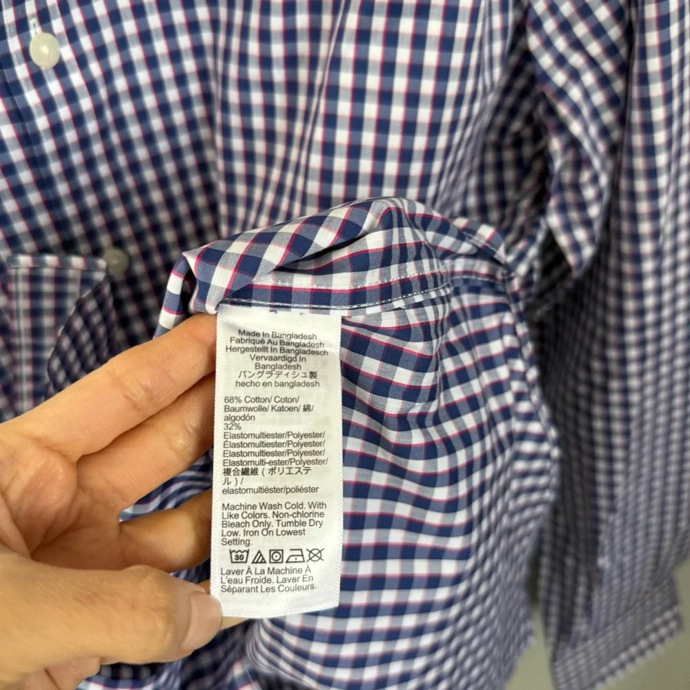 J.Crew Large NEW Performance Slim Button Up‎ Long Sleeve Shirt Navy Plaid Office